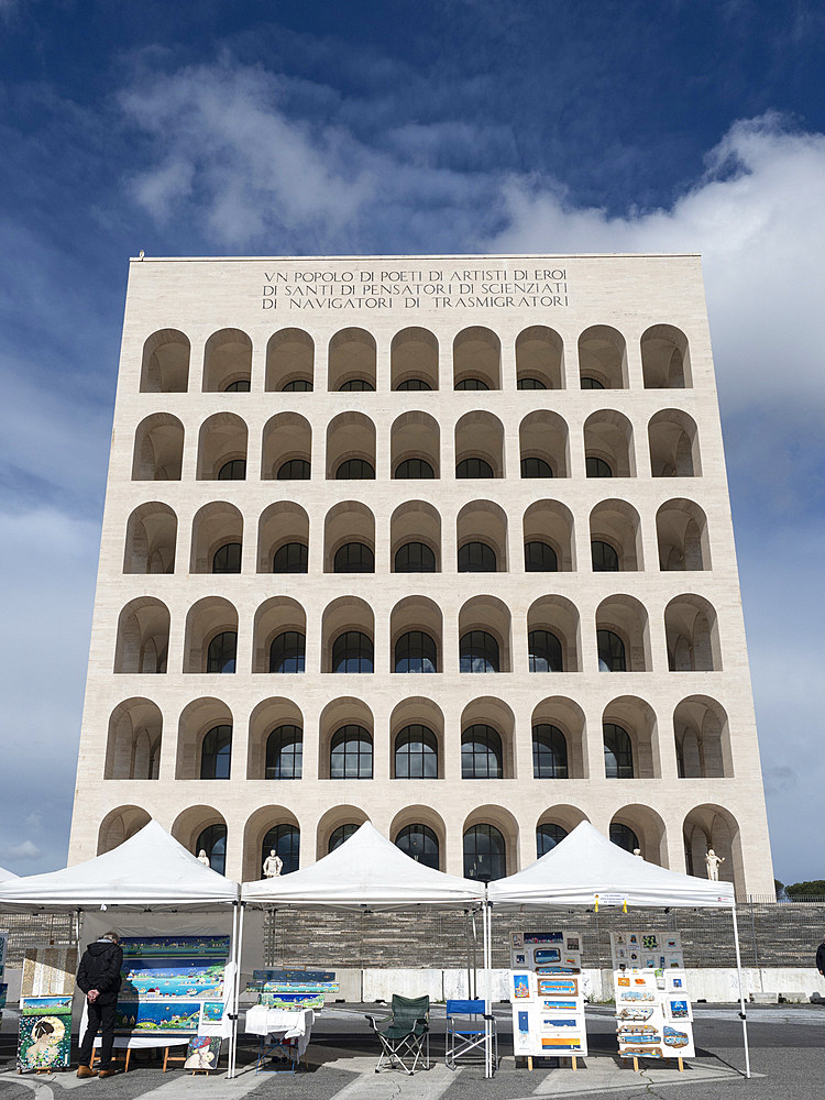 Arts and Craft market in front of the Palazzo della Civilta (Square Colosseum), Mussolini architecture, EUR District, Rome, Lazio, Italy, Europe