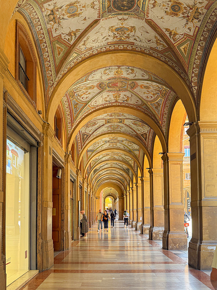 Decorated portico, Via Farini, Bologna, Emilia Romagna, Italy, Europe