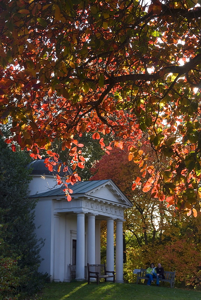 King William's Temple under autumn leaves, Kew Gardens, UNESCO World Heritage Site, Greater London, England, United Kingdom, Europe