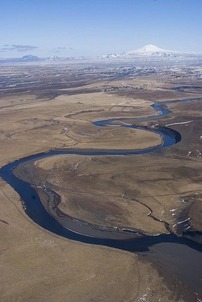 River leading to Eyjafjallajokull glacier, Mount Hekla behind, South Iceland, Iceland, Polar Regions