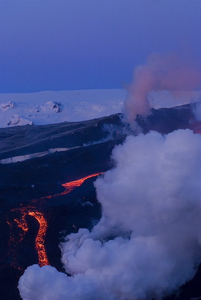 Lava flowing down mountain, Eyjafjallajokull volcano, Iceland, Polar Regions