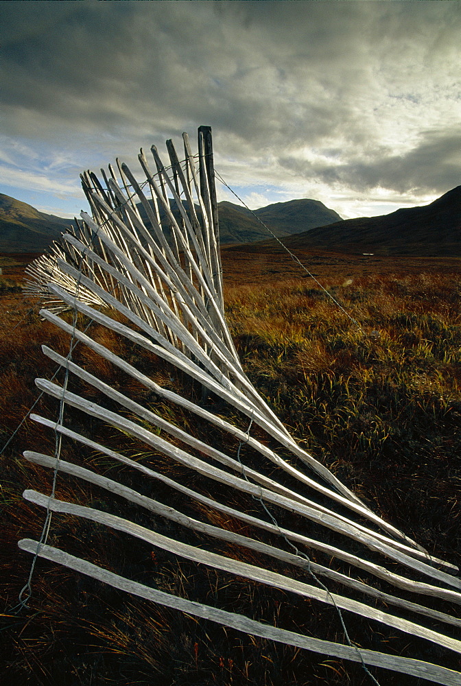 Snow fences and moorland, Wester Ross near Dundonnell, Highlands, Scotland, UK 