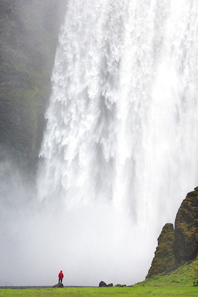 Tourist in red jacket at Skogafoss waterfall, Skogar, South area, Iceland, Polar Regions