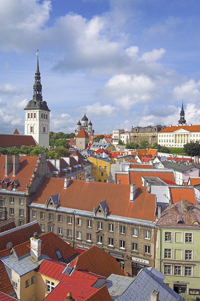 Niguliste church spire, old town roofs and domes of the Alexander Nevsky Cathedral, Russian Orthodox church, Toompea Hill, Tallinn, UNESCO World Heritage Site, Estonia, Baltic States, Europe