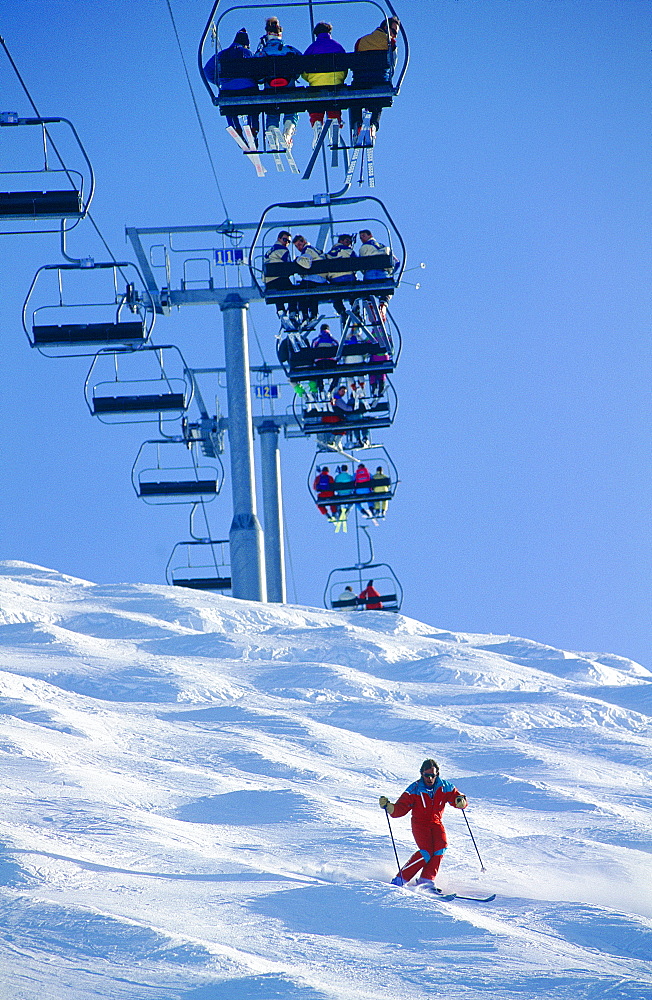 France, Alps, Savoie, La Plagne In Winter, Ski Runs & Chairlift