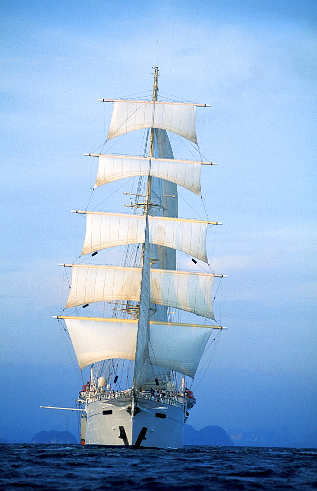 Thailand, Phuket Island, Phang Nga Bay, The Cruise Boat Star Clipper Under Sails At Dusk