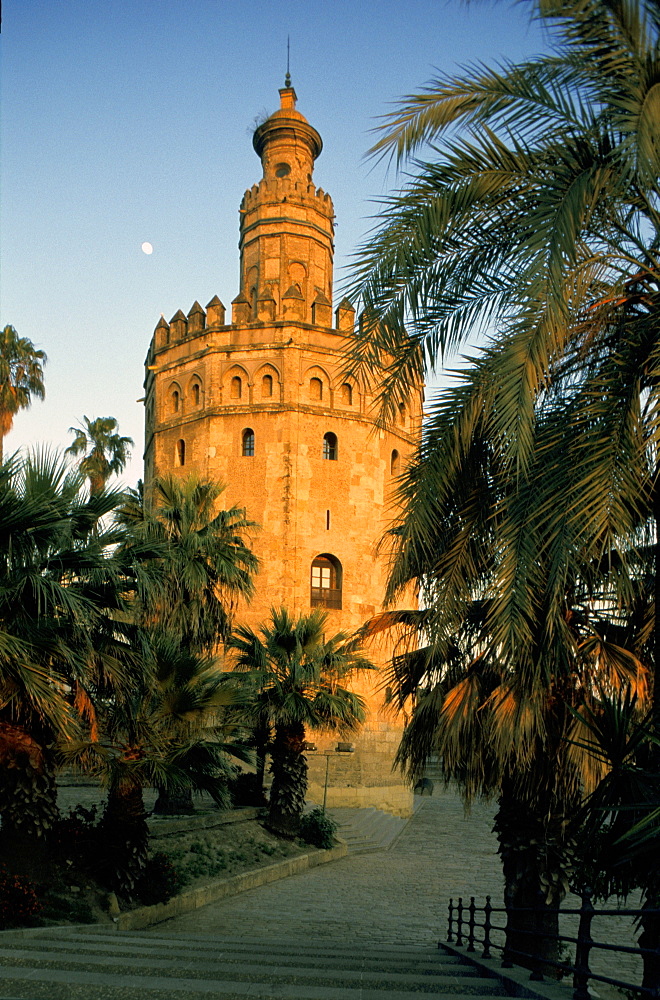 Spain, Andaloucia, Sevilla, Torre Del Oro (Gold Tower) At Dusk