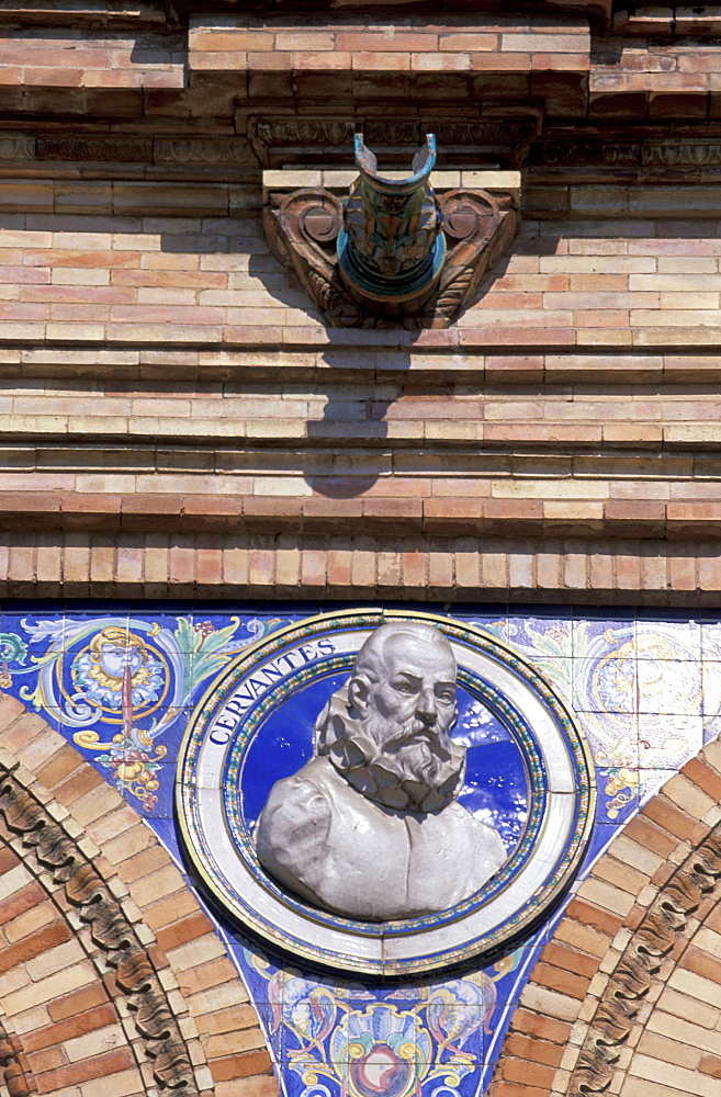 Spain, Andaloucia, Sevilla, Plaza De Espana, The Mosaics With Historical Events, Portrait Of Cervantes