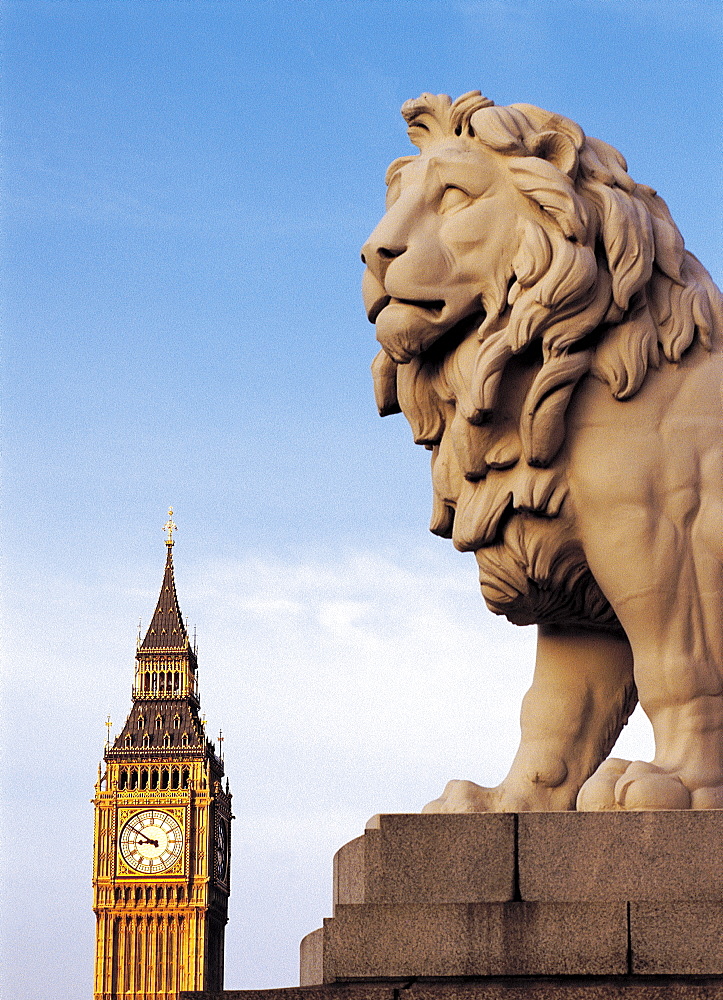 UK, London, Big Ben & Westminster Bridge Lion At Fore