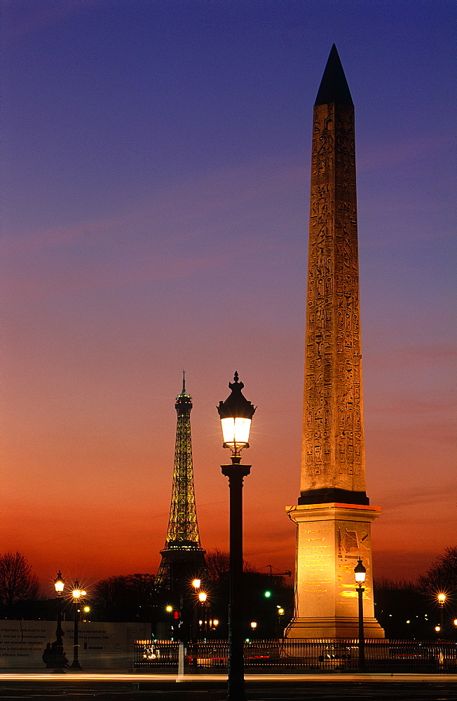 France, Paris, Eiffel Tower Seen From Concorde Square Ar Dusk, Egyptian Obelisc From Luxor At Fore