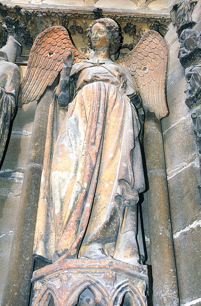 France, Champagne, Marne (51), Reims, The Gothic Cathedral, Porch Sculpture Featuring The Famous Smiling Angel