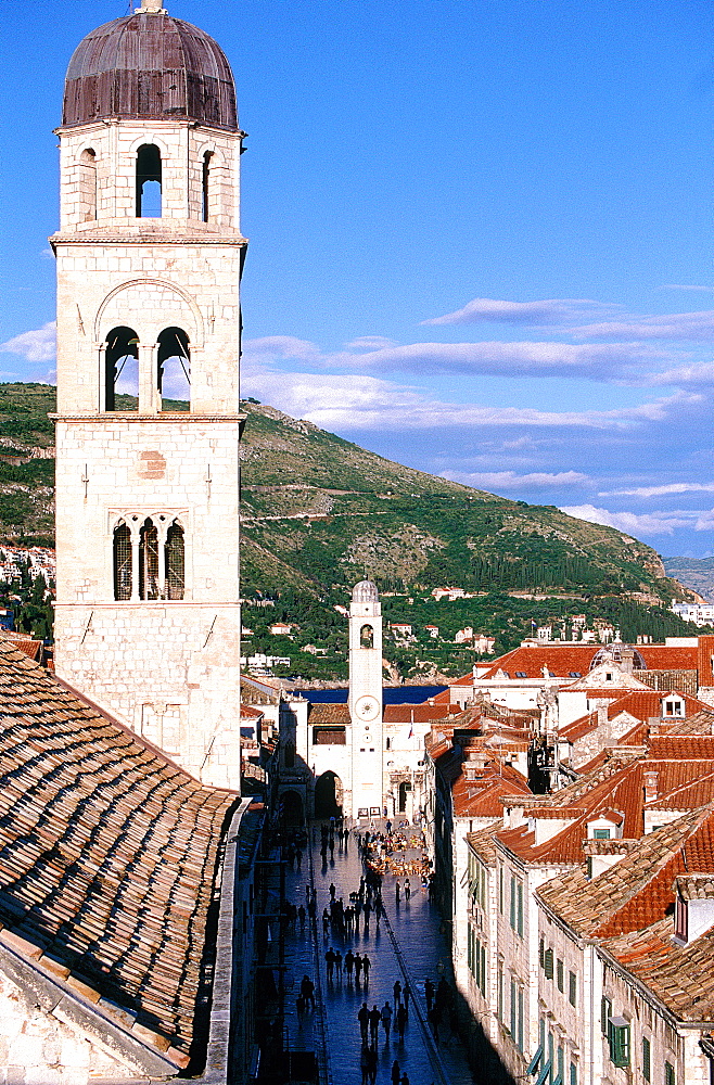 Croatia, Dalmatia, Dalmatian Coast, Fortified City Of Dubrovnik, The Main Street (Stradun) , Franciscan Monastery Church Belfry At Fore, Bell Tower At Back