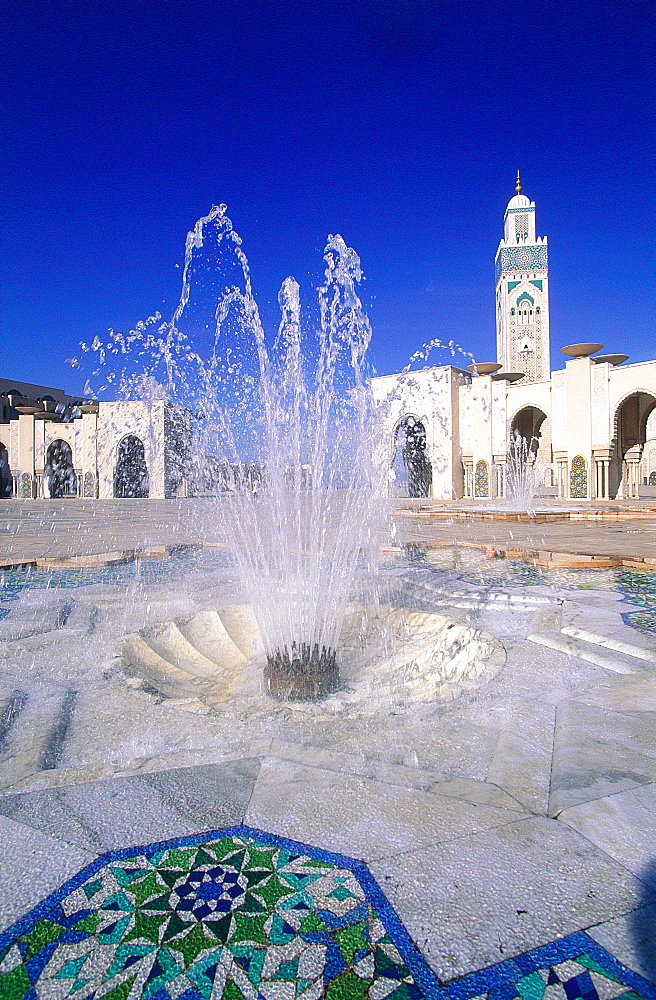 Morocco, Casablanca, The Hassan Ii Mosque Said To Have The Highest Minaret In The World (200m), Fountain In Foreground