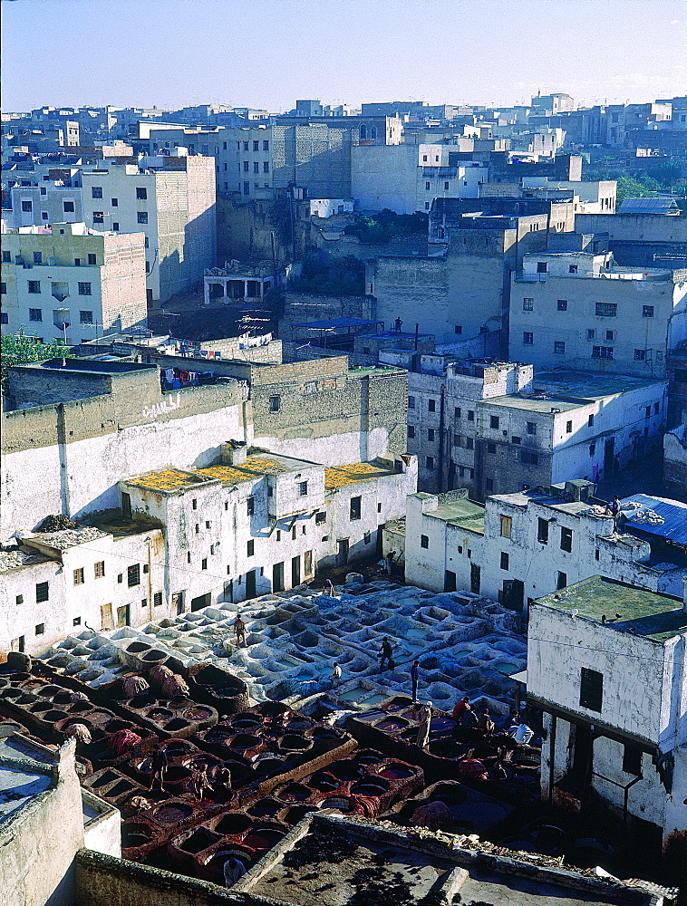 Morocco, Historical City Of Fes, Elevated View Over The Tanners Souk (Market) Where Skins Are Treated