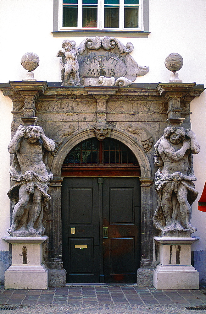 Slovenia, Ljubljana (Lubiana), The Baroque Stone Porch Of A Xvii Th Century Building Featuring Two Atlantes