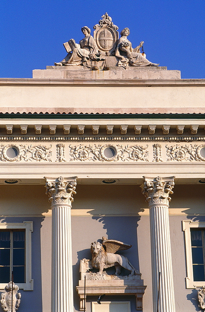 Slovenia, Adriatic Coast, Piran, The Classical Style City Hall Facade With A Venetian Lion