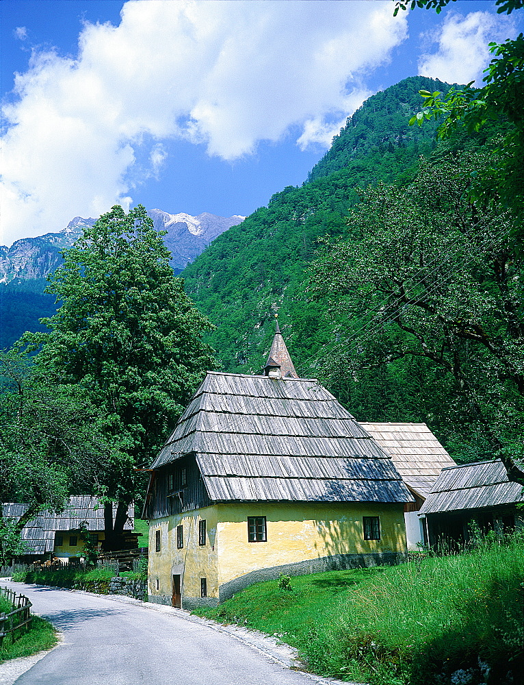 Slovenia, Alps, Upper Soca Valley, A Typical Village With Wood Plank Roofs