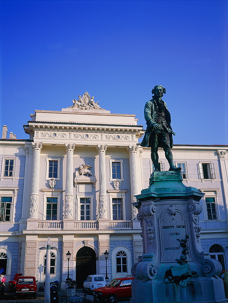 Slovenia, Istria On Adriatic Coast, Piran, The Classical Style City Hall Facade With A Venetian Lion, Monument To Composer Tartini