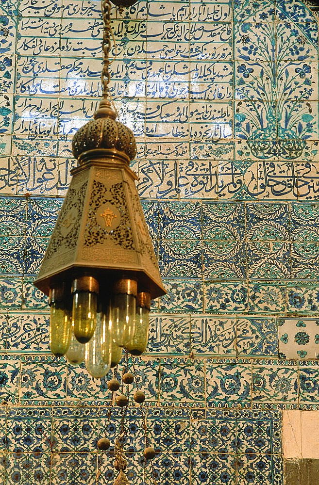 Syria, Damascus, Saladin Tomb Monument, Detail Of Faience Panels On Walls, Arabic Lantern At Fore