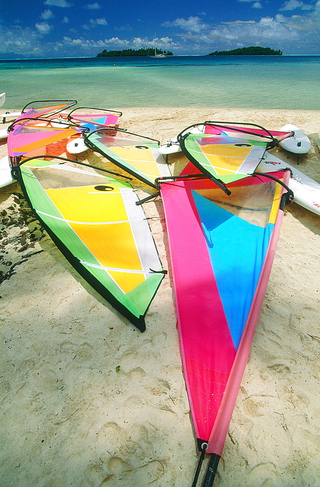 French Polynesia, Leeward Islands, Borabora Sailboards Ashore On Beach