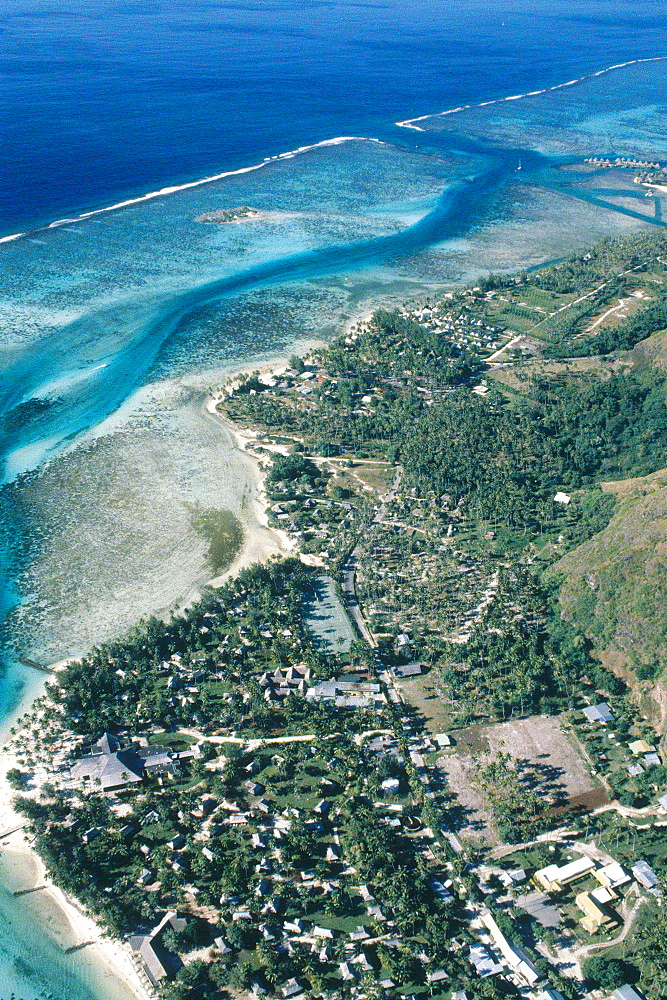 French Polynesia, Windward Islands, Moorea, Aerial Of Haapiti Village And Lagoon