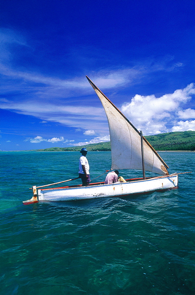 Mauritius, Rodriguez Island, Local Fishing Boat Under Sail In The Lagoon