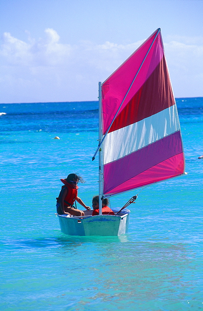 French West Indies, Guadeloupe, Children Practising In A Small Sailing Boat