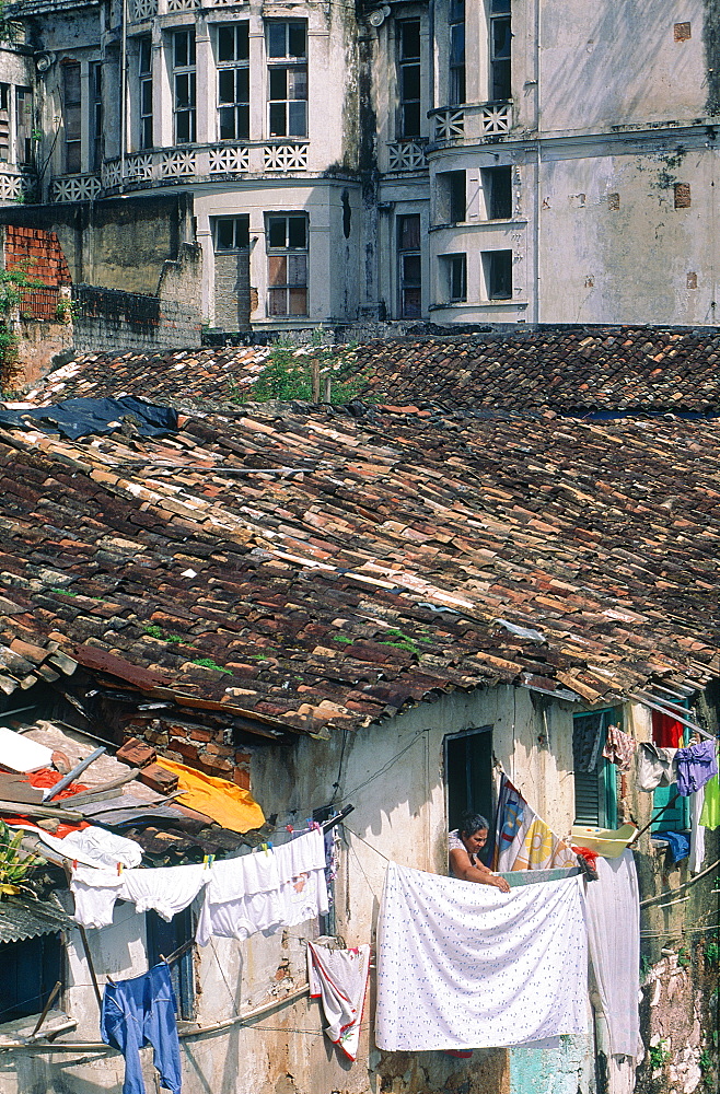 Brazil, Salvador De Bahia, The Historic Quarter Of Pelourinho, Laundry Hanging At Windows Of Slum Houses