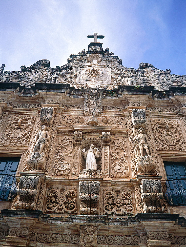 Brazil, Salvador De Bahia, Historic Quarter Of Pelourinho, The Baroque Igreja (Church) Sao Francisco Built In Xviii Th Century, Stone Facade With Statue Of The Saint Holding A Skull