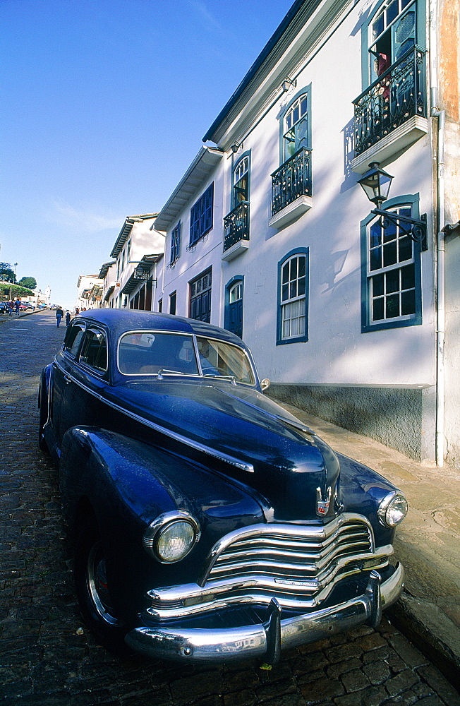 Brazil, Minas Gerais, The Historic City Of Ouro Preto, Vintage American Car In A Street