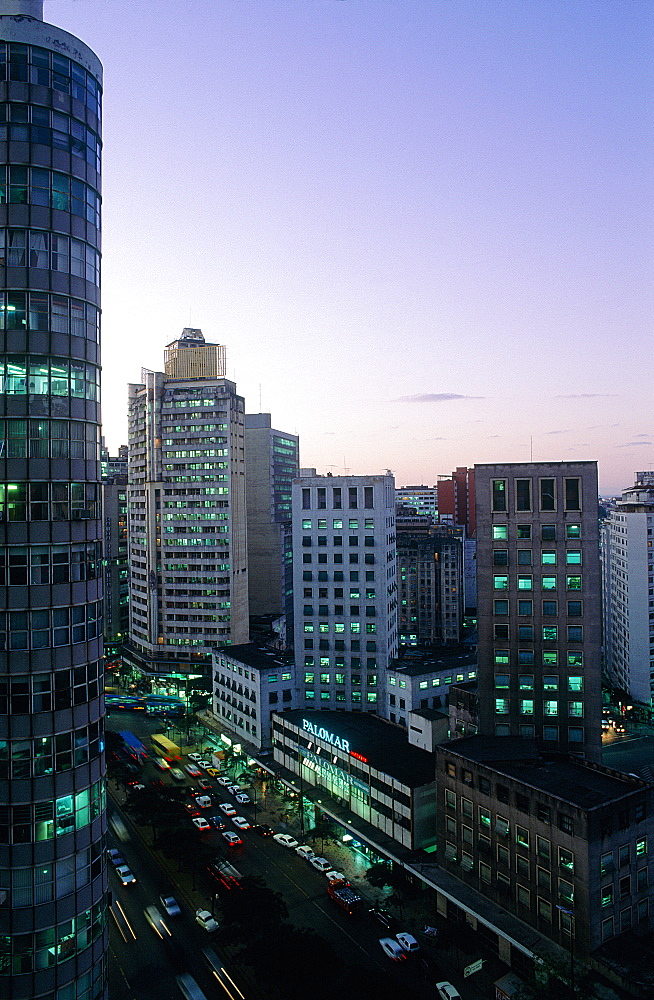 Brazil, Minas Gerais, City Of Belo Horizonte, Elevated View Of Downtown At Dusk