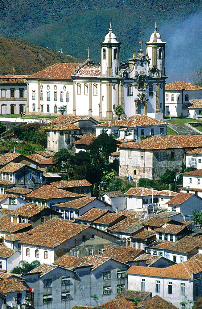 Brazil, Minas Gerais, Overview On The Historic City Of Ouro Preto, On Top Of A Hill Church Igreja De Sao Francisco De Assis