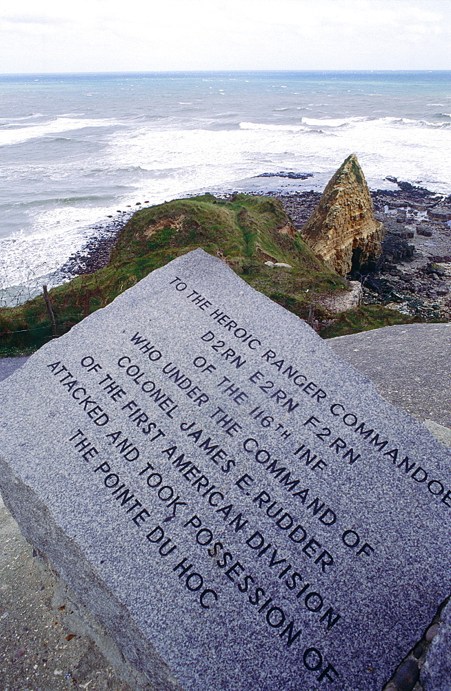 France, Normandy, Manche (50), Pointe Du Hoc (World War Ii Us Landing ), The Famous Rock And A Stone Plate Commemorating The Action And Numerous Victims