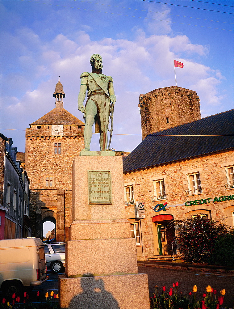 France, Normandy, Manche (50), Saintsauveurlevicomte, The Main Square With Monument To Napoleons General Lemarois At Dusk 