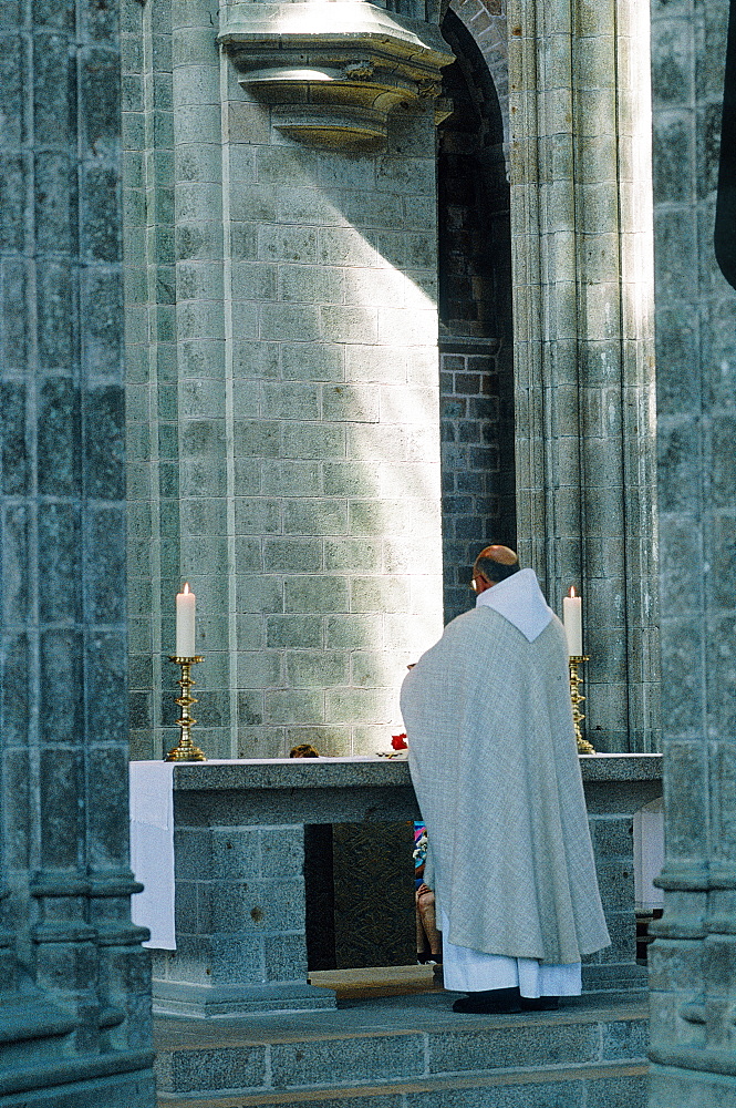 France, Normandy, Manche (50), Mont Saintmichel, The Abbey, Andre Fournier Benedictan Monk And Priest Leading The Mass