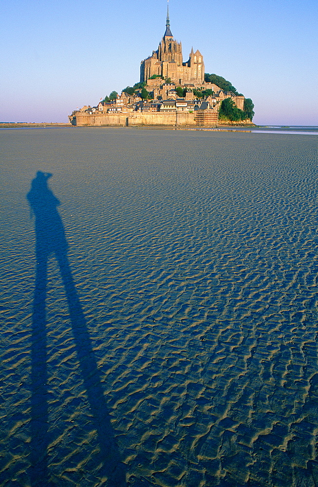 France, Normandy, Manche (50), Mont Saintmichel, Overview On The Mont St Michel At Sunrise With Shadow Of The Photographer