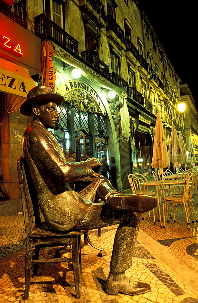 Portugal, Lisbon, Cafe Brasileira A Fernando Pessoa Favourite, Night View On The Terrace And The Poet Statue