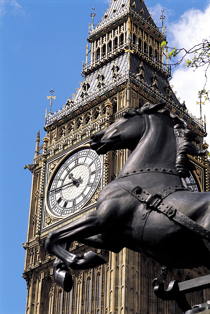 UK, London, Big Ben & Pegasus Statue On Westminster Bridge At Fore