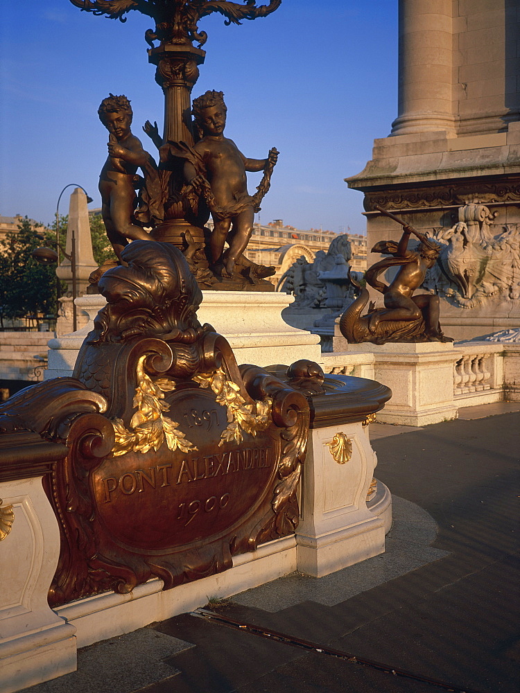 Close-up of sculptures, Alexandre III Bridge over River Seine built in 1900, Paris, France, Europe