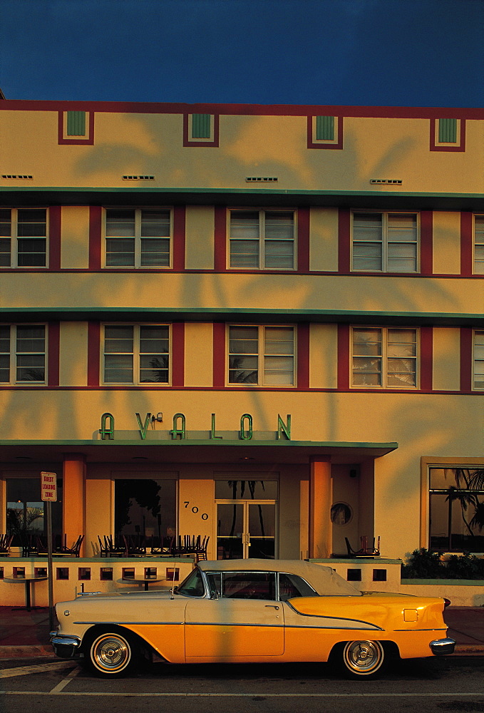 Art Deco Hotel And Old Car, Miami Beach, Florida, Usa