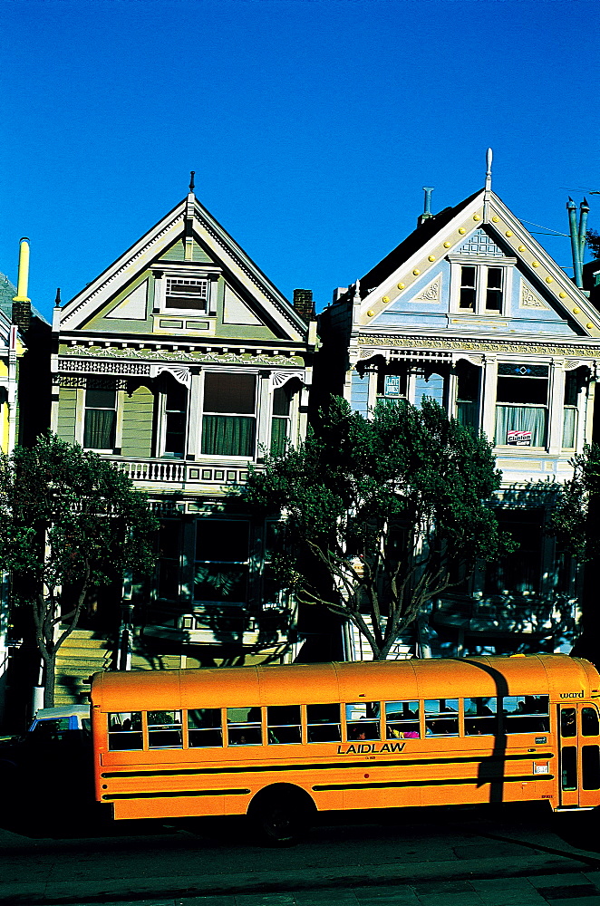 Alamo Square, School Bus & Victorian Houses, San Francisco, Usa