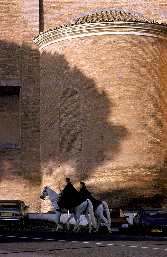 Italy, Rome, Gianicolo, Two Mounted Policemen At Santa Maria Delle Sette Dolori Church