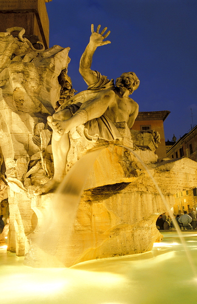 Italy, Rome, Piazza Navona, Fountain Of The Four Rivers At Night