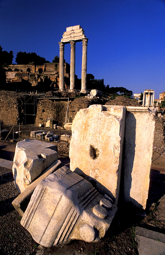 Italy, Rome, Forum Roman Ruins, Castor And Pollux Temple Remains Behind