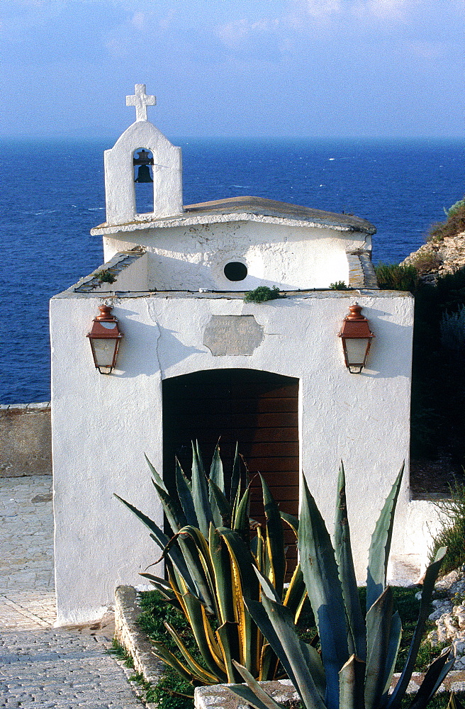 France, Corsica, Bonifacio, The Citadel Entrance, White Chapel Against Blue Sea
