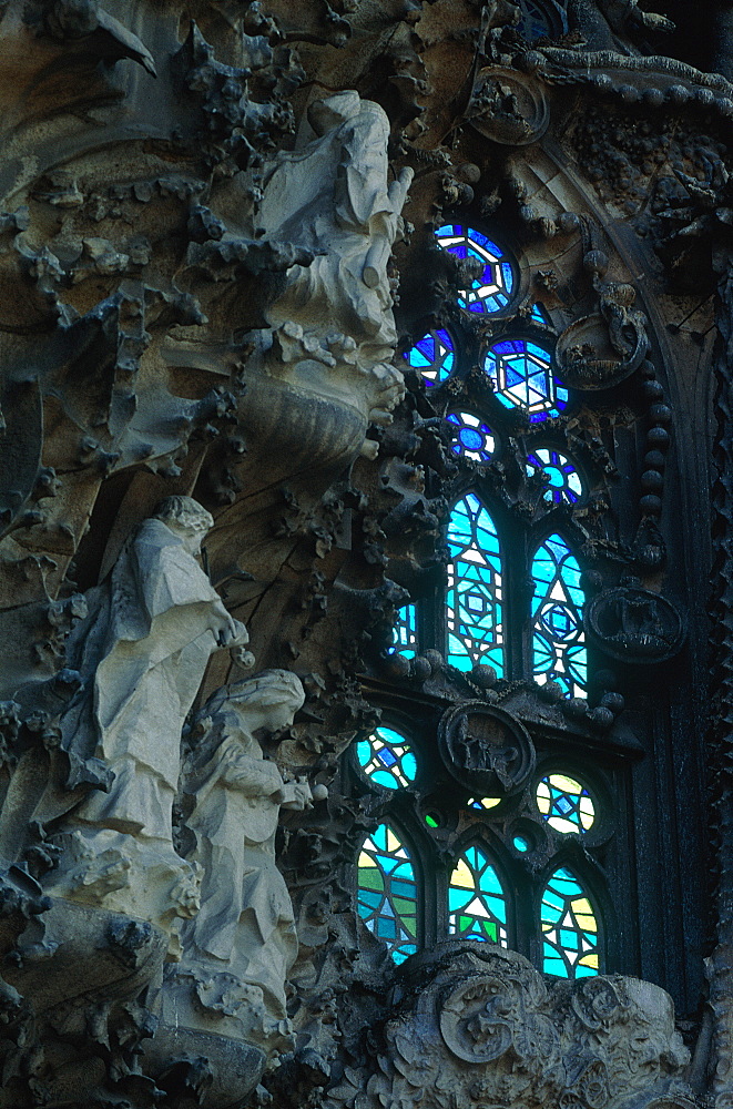 Spain, Catalonia, Barcelona, Sagrada Familia Designed By Gaudi, Interior View With Stained Glass Window