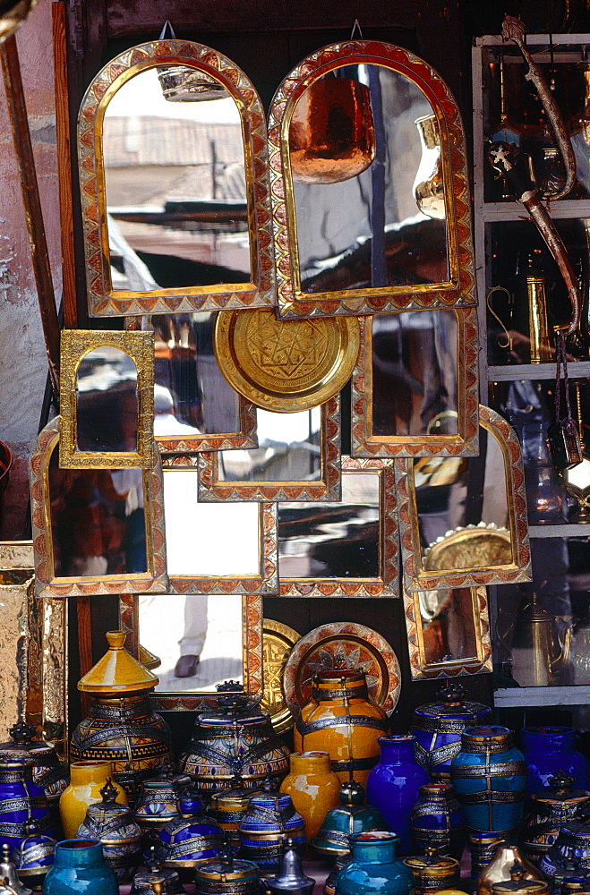 Morocco, Fes, Medina (Old City), Mirrors And Pottery Stand