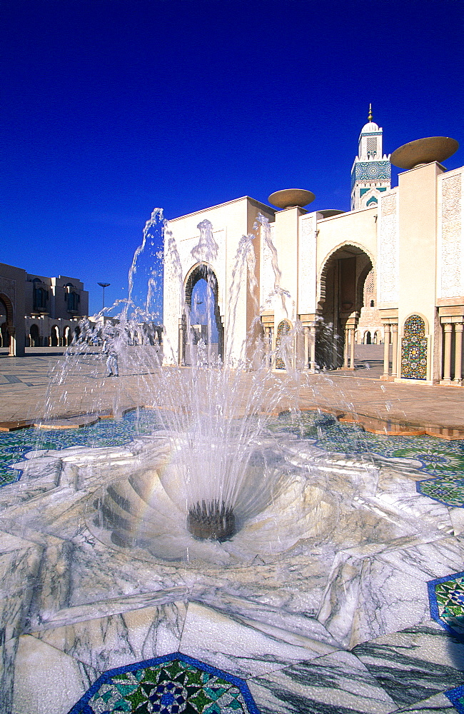 Morocco, Casablanca, The Hassan Big Mosque And Fountain At Fore