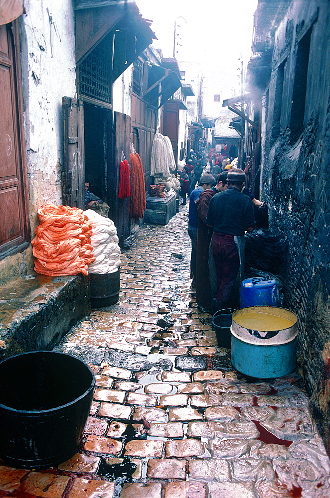 Morocco, Fes, Medina (Old City), The Dyers Souk (Quarter), Narrow Street Colored By Dying