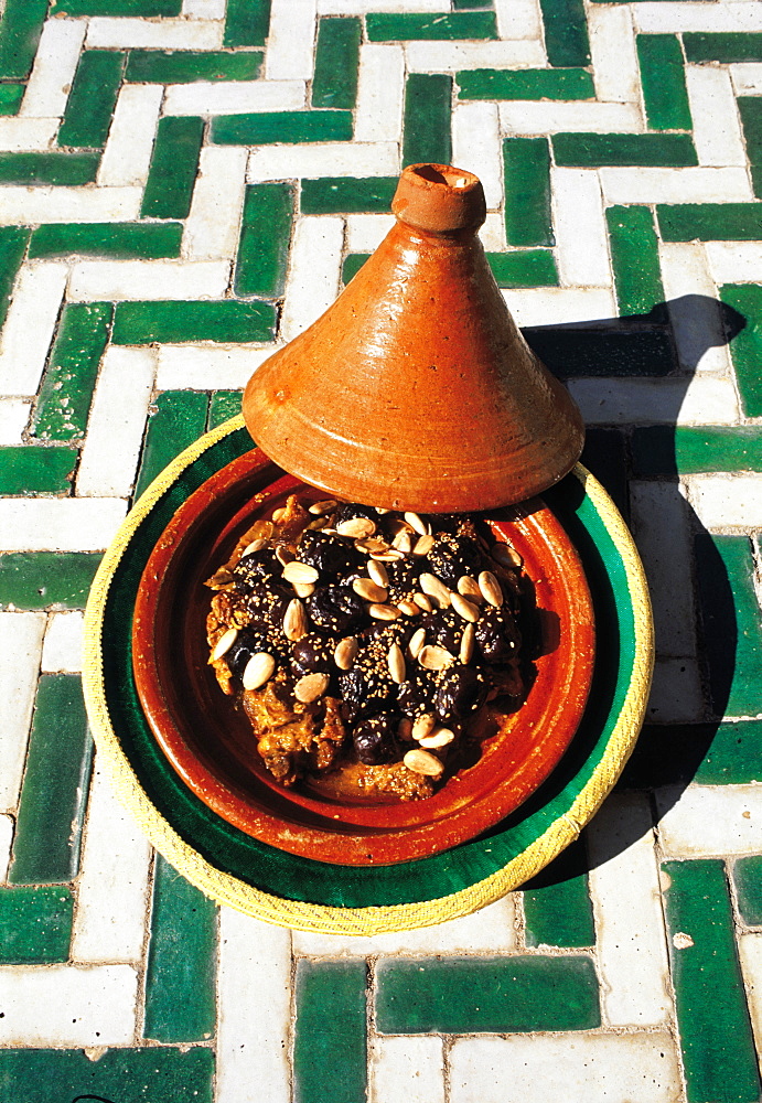 Morocco, Marrakech, La Mamounia Terrace, A Tajine (Traditional Meat Dish) Cooked In A Pottery Pan